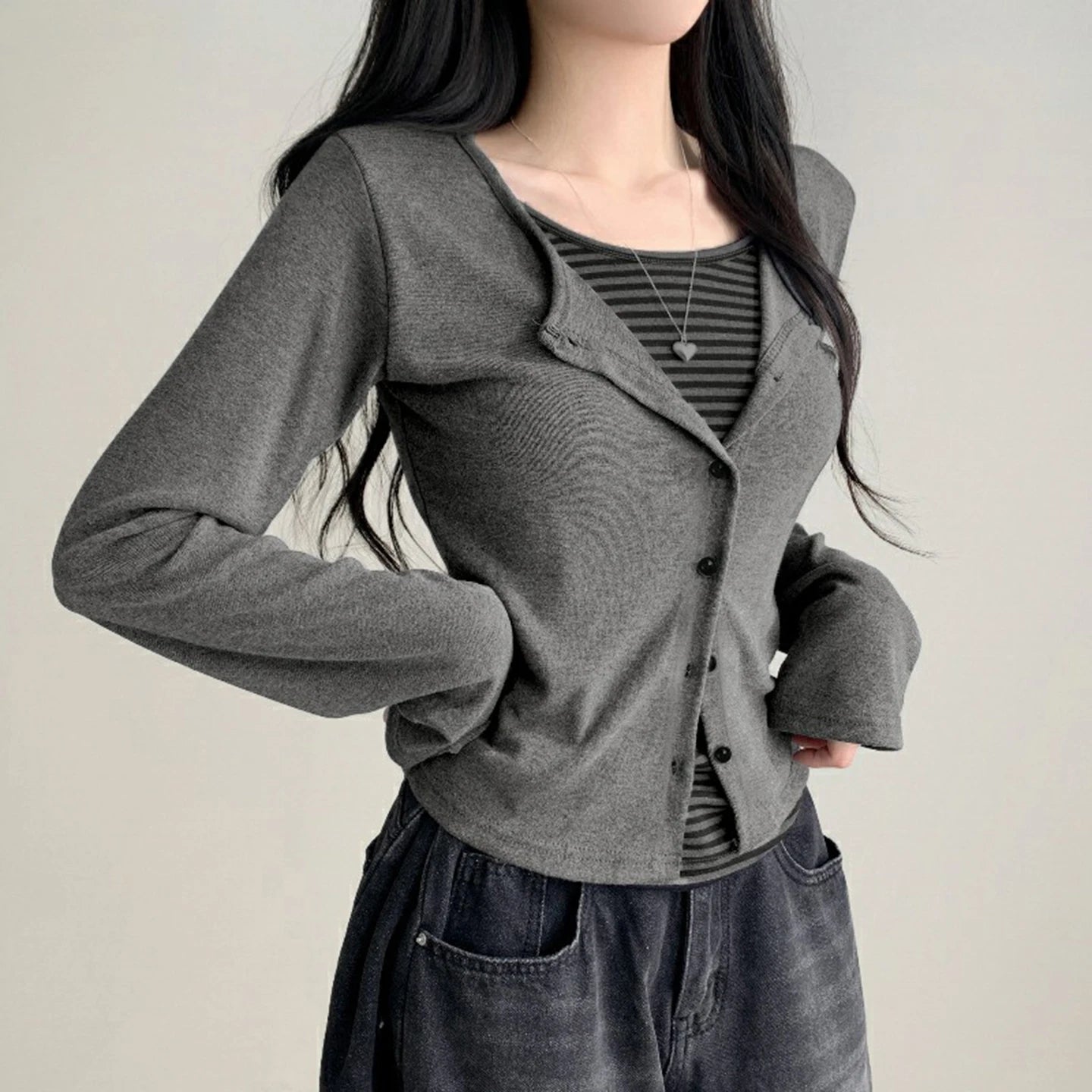 Vintage Knitted Stripe Print Cutout Top Women's T-shirt | Korean New Style Button Front Slim Fit Full Sleeve False Breathable - Zeprah