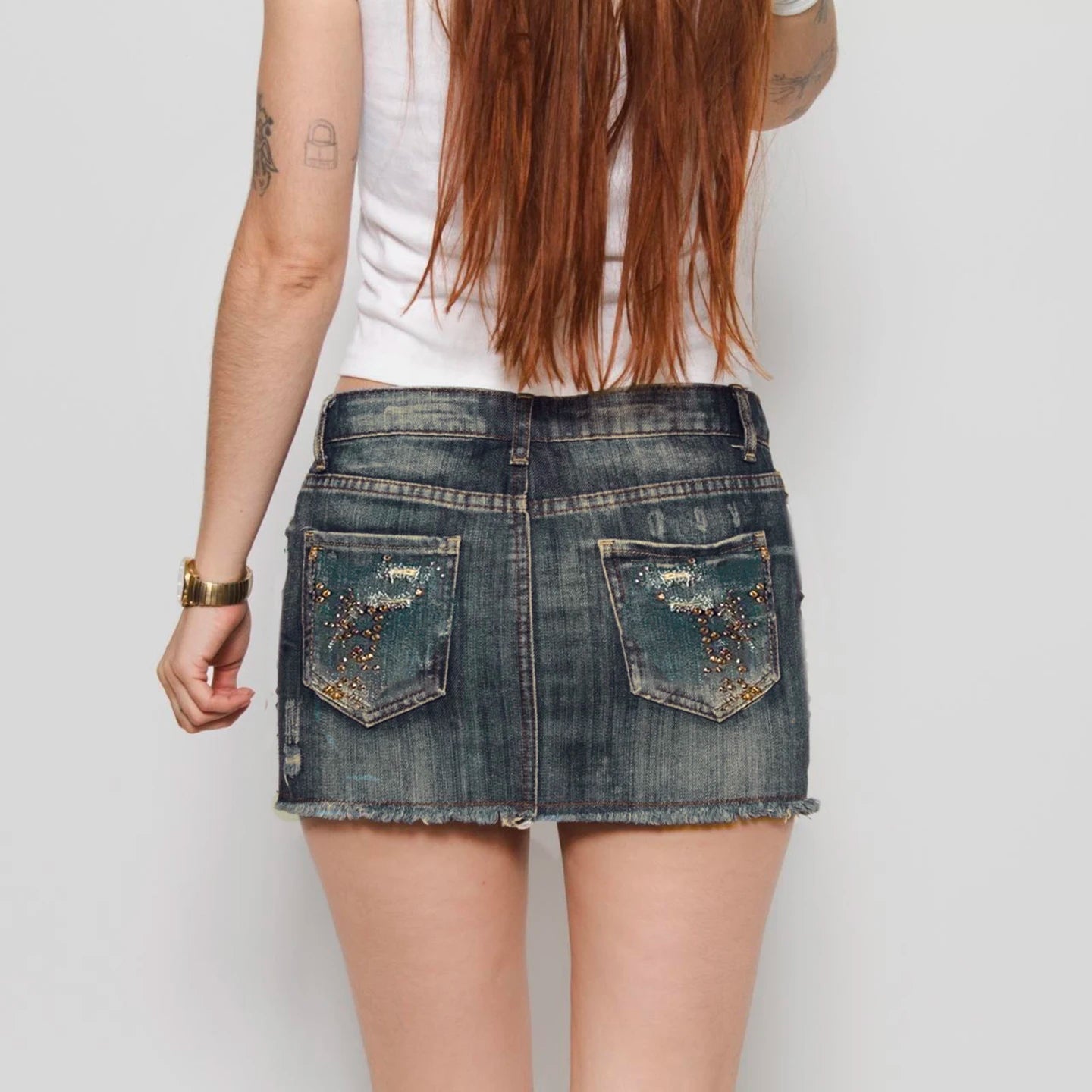 Vintage Trendy Denim Mini Skirt for Women Patchwork Cargo Design Sexy Raw Hem Hot Clubwear & Daily Casual - Zeprah