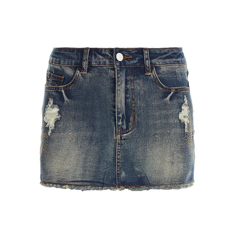 Vintage Trendy Denim Mini Skirt for Women Patchwork Cargo Design Sexy Raw Hem Hot Clubwear & Daily Casual - Zeprah