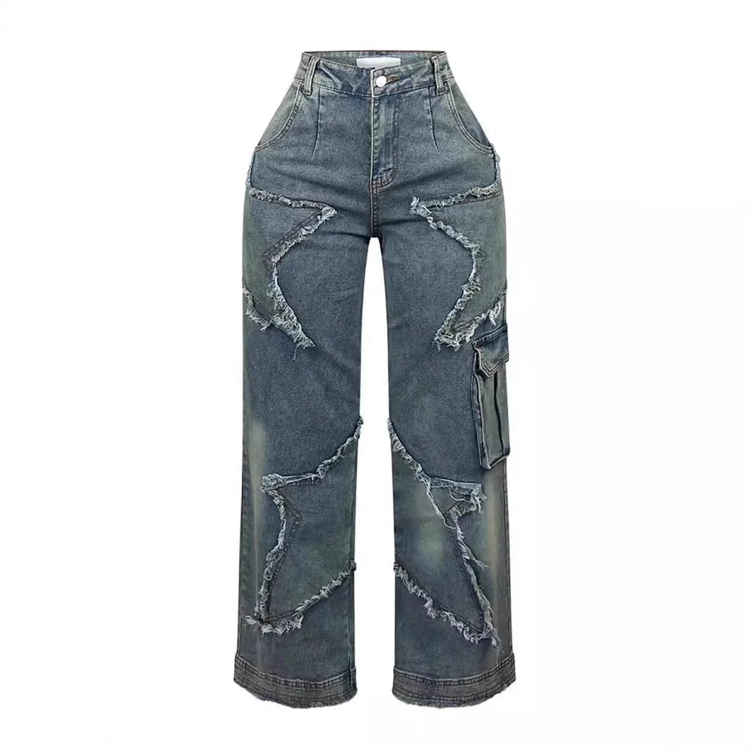 Vintage Women Straight Denim Pants Slight Stretchy Pockets Wide Leg Trousers High Waist Loose Lady Long Jeans - Zeprah