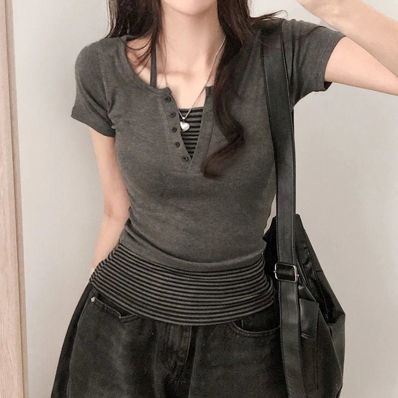 Vintage Y2K Grey Knitted Two Piece Set for Women Sexy Button V - Neck Crop Top Skirt College Student Outfit - Zeprah