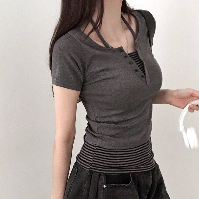Vintage Y2K Grey Knitted Two Piece Set for Women Sexy Button V - Neck Crop Top Skirt College Student Outfit - Zeprah