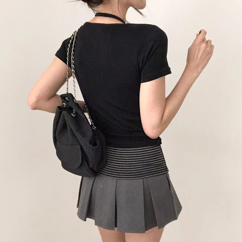 Vintage Y2K Grey Knitted Two Piece Set for Women Sexy Button V - Neck Crop Top Skirt College Student Outfit - Zeprah