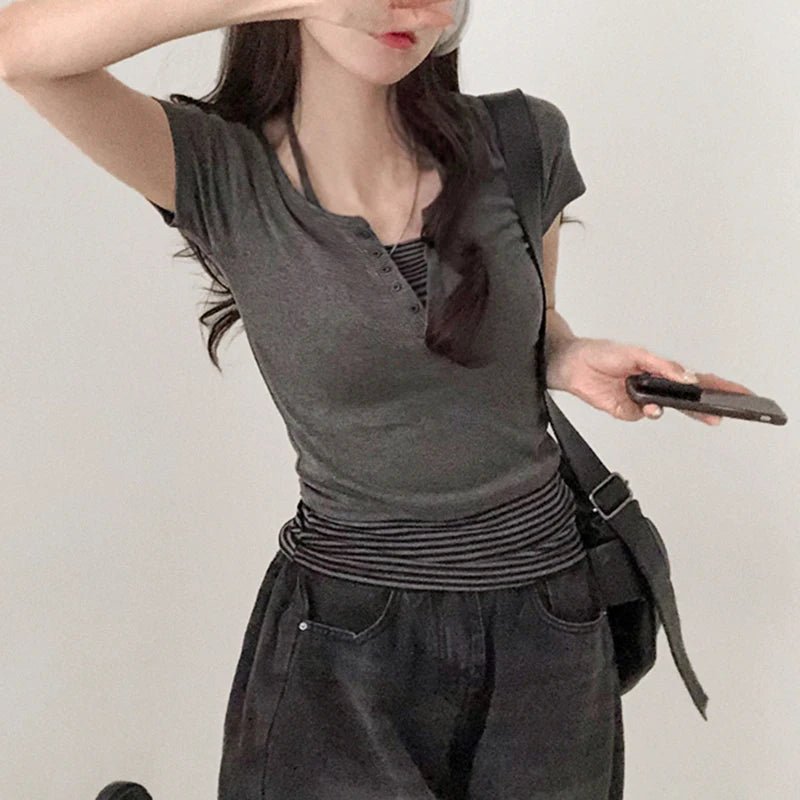 Vintage Y2K Grey Knitted Two Piece Set for Women Sexy Button V - Neck Crop Top Skirt College Student Outfit - Zeprah
