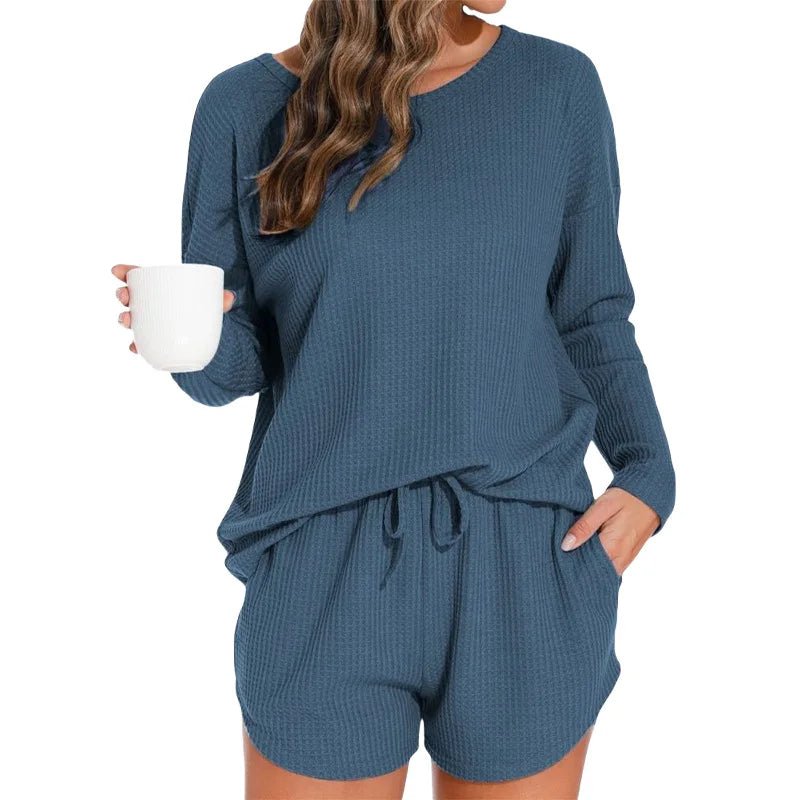 Waffle Knit Women's Pajama Set with Long - Sleeved Top and Shorts Elastic Waist Solid Pattern Front Logo - Casual Loungewear - Zeprah