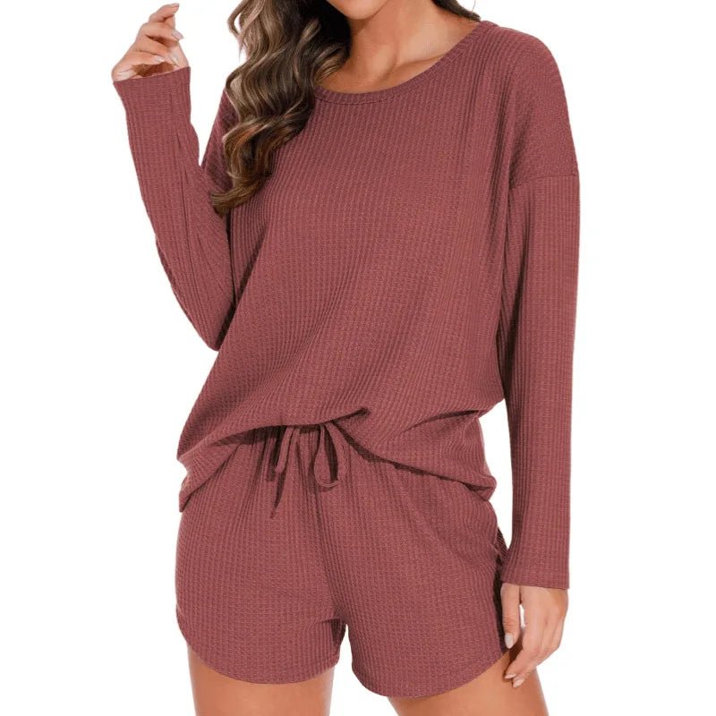 Waffle Knit Women's Pajama Set with Long - Sleeved Top and Shorts Elastic Waist Solid Pattern Front Logo - Casual Loungewear - Zeprah