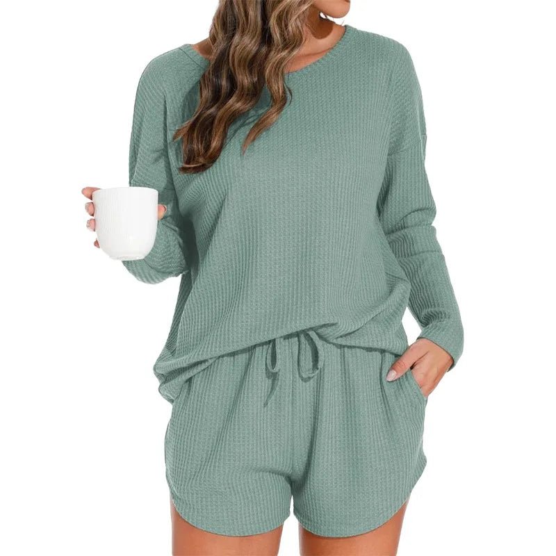 Waffle Knit Women's Pajama Set with Long - Sleeved Top and Shorts Elastic Waist Solid Pattern Front Logo - Casual Loungewear - Zeprah