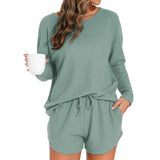 Waffle Knit Women's Pajama Set with Long - Sleeved Top and Shorts Elastic Waist Solid Pattern Front Logo - Casual Loungewear - Zeprah