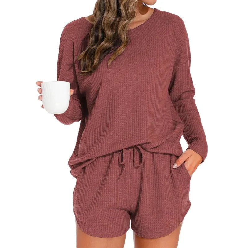 Waffle Knit Women's Pajama Set with Long - Sleeved Top and Shorts Elastic Waist Solid Pattern Front Logo - Casual Loungewear - Zeprah