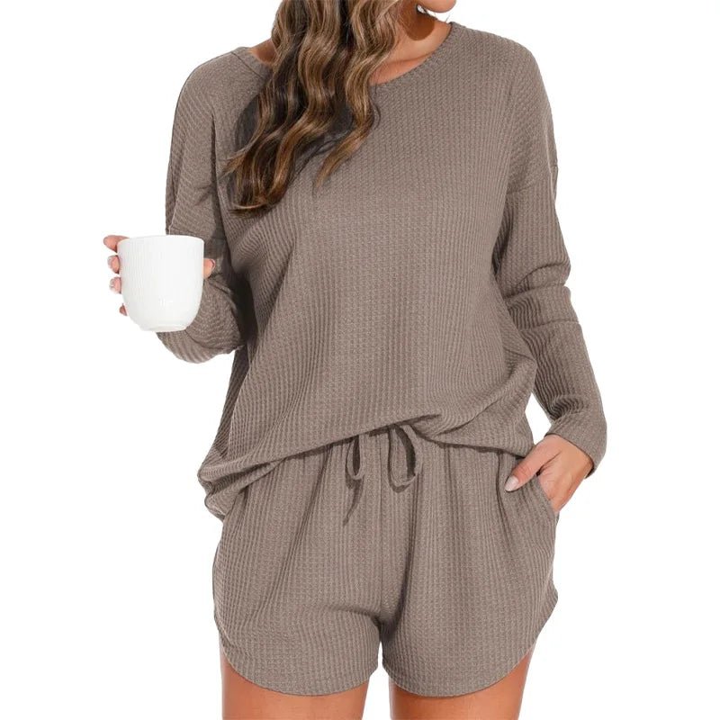 Waffle Knit Women's Pajama Set with Long - Sleeved Top and Shorts Elastic Waist Solid Pattern Front Logo - Casual Loungewear - Zeprah