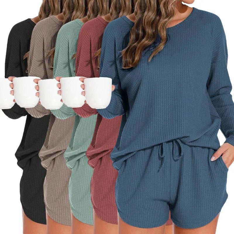 Waffle Knit Women's Pajama Set with Long - Sleeved Top and Shorts Elastic Waist Solid Pattern Front Logo - Casual Loungewear - Zeprah