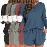 Waffle Knit Women's Pajama Set with Long - Sleeved Top and Shorts Elastic Waist Solid Pattern Front Logo - Casual Loungewear - Zeprah