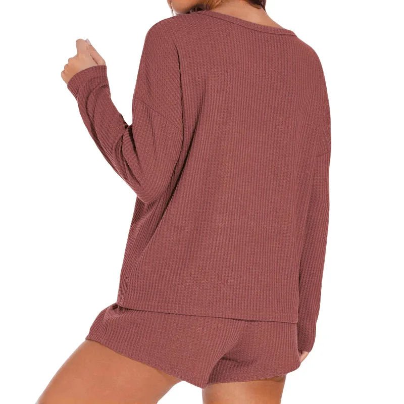 Waffle Knit Women's Pajama Set with Long - Sleeved Top and Shorts Elastic Waist Solid Pattern Front Logo - Casual Loungewear - Zeprah