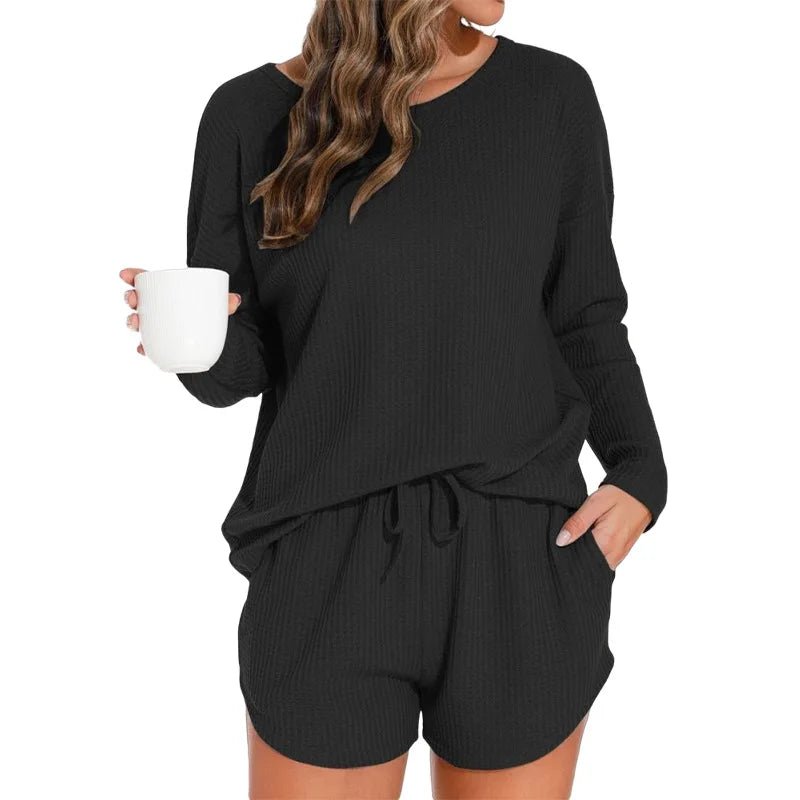 Waffle Knit Women's Pajama Set with Long - Sleeved Top and Shorts Elastic Waist Solid Pattern Front Logo - Casual Loungewear - Zeprah