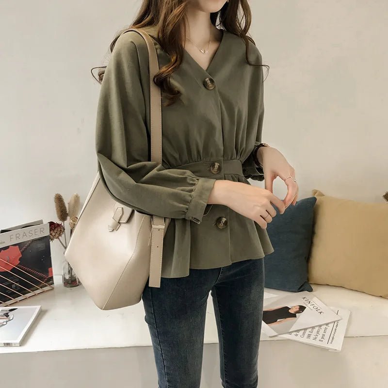 Waist - Cinching Shirt Plain Hot - selling Blouse Gentle Long - Sleeved Shirt - Zeprah