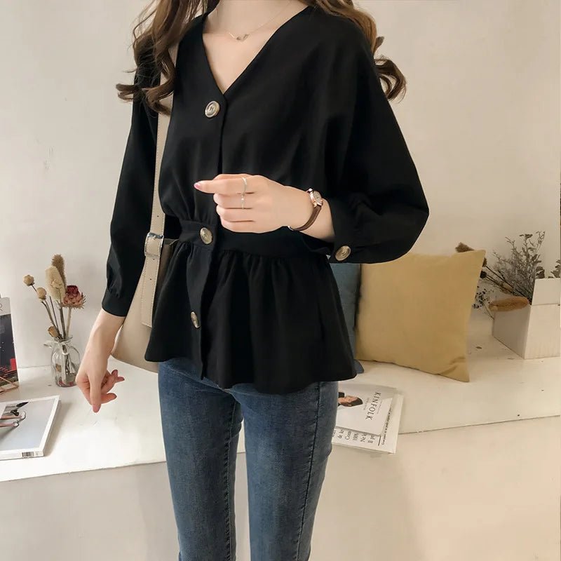 Waist - Cinching Shirt Plain Hot - selling Blouse Gentle Long - Sleeved Shirt - Zeprah