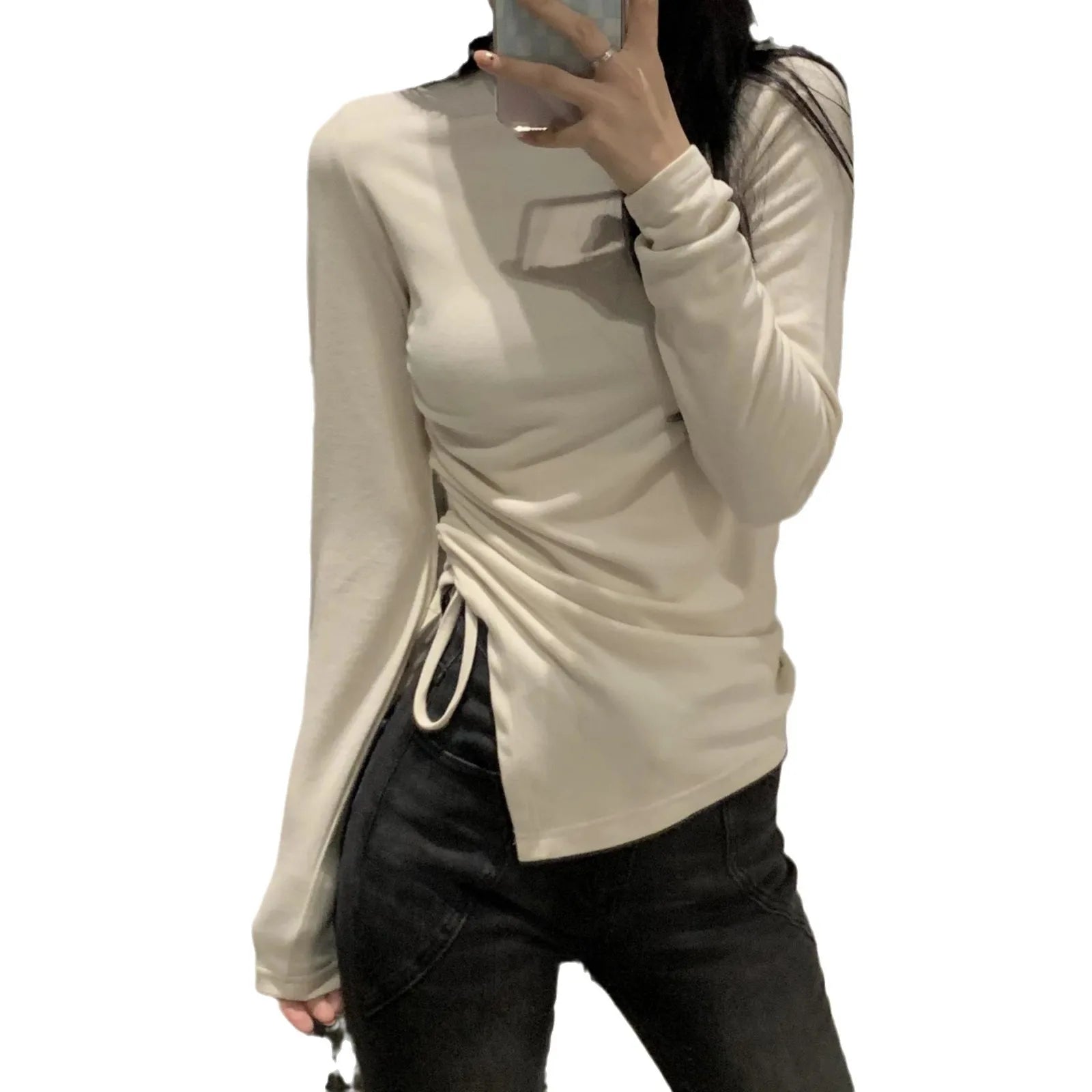 waist - cinching T-shirt Women's Design ruched Autumn and Winter women's clothing slim - fit tops for women - Zeprah