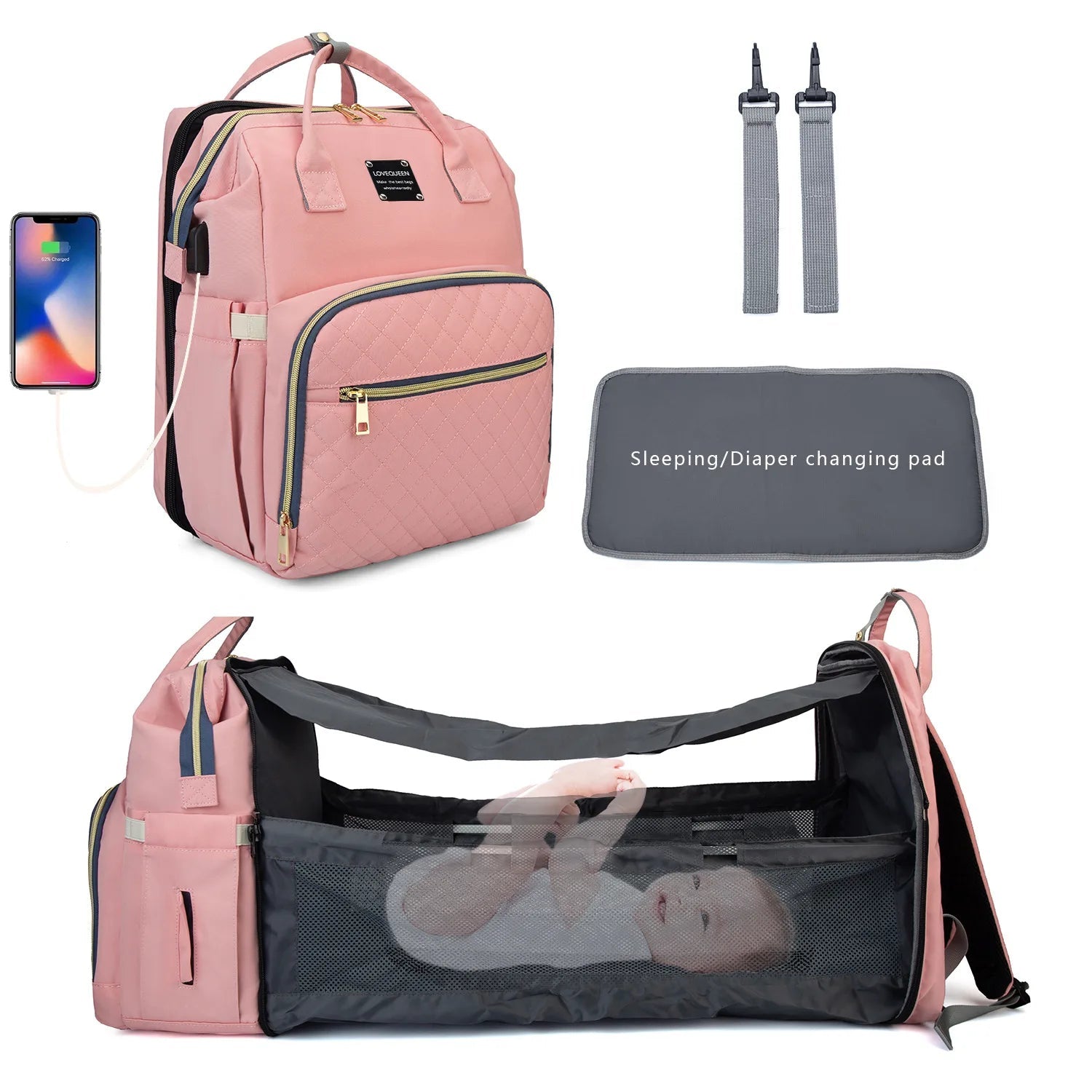 Waterproof Foldable Baby Bed Diaper Bag with Bed Travel Backpack for Busy Parents - Zeprah