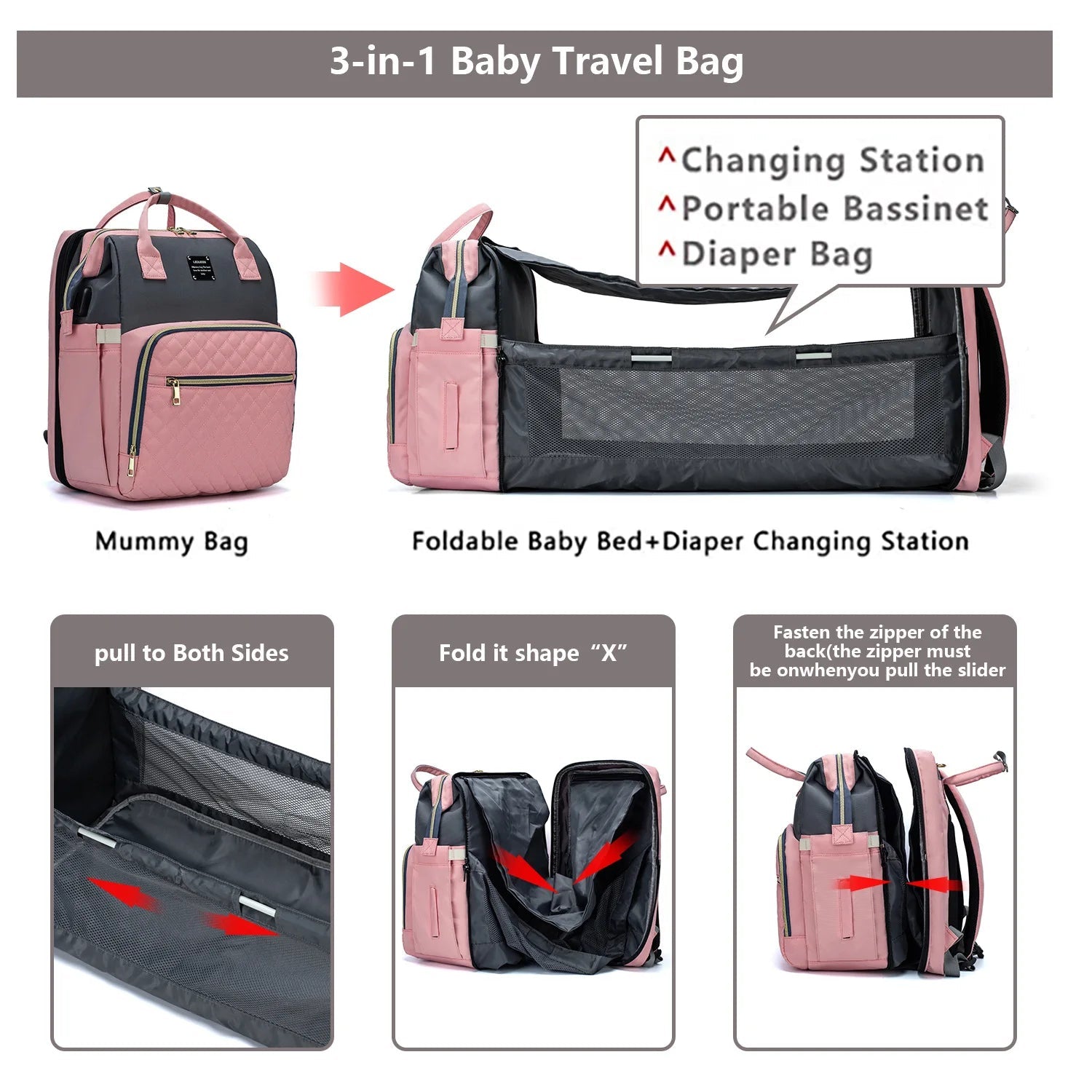 Waterproof Foldable Baby Bed Diaper Bag with Bed Travel Backpack for Busy Parents - Zeprah