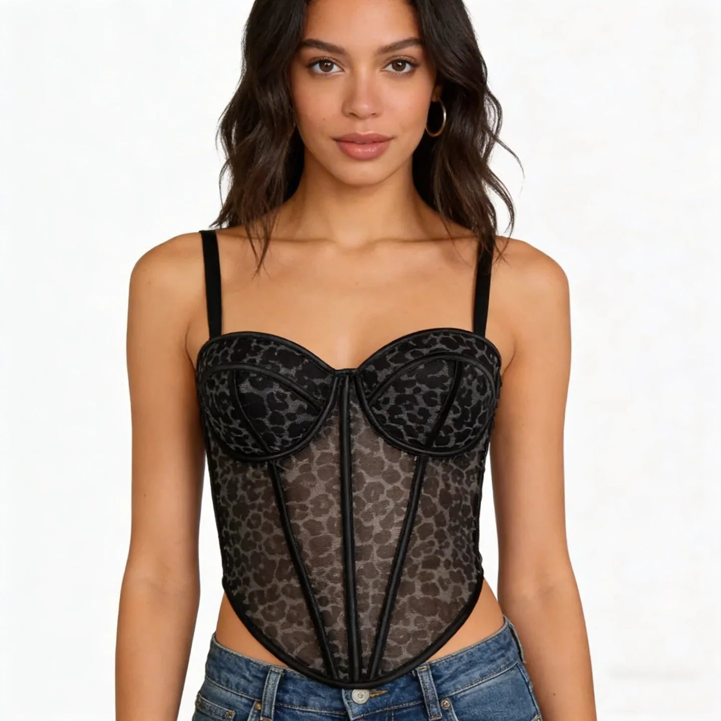 Wearable Push up Corset Bra & Bustier Top - Breathable Summer Leopard Print Mesh Lace with Garter Straps Full Cup - Zeprah