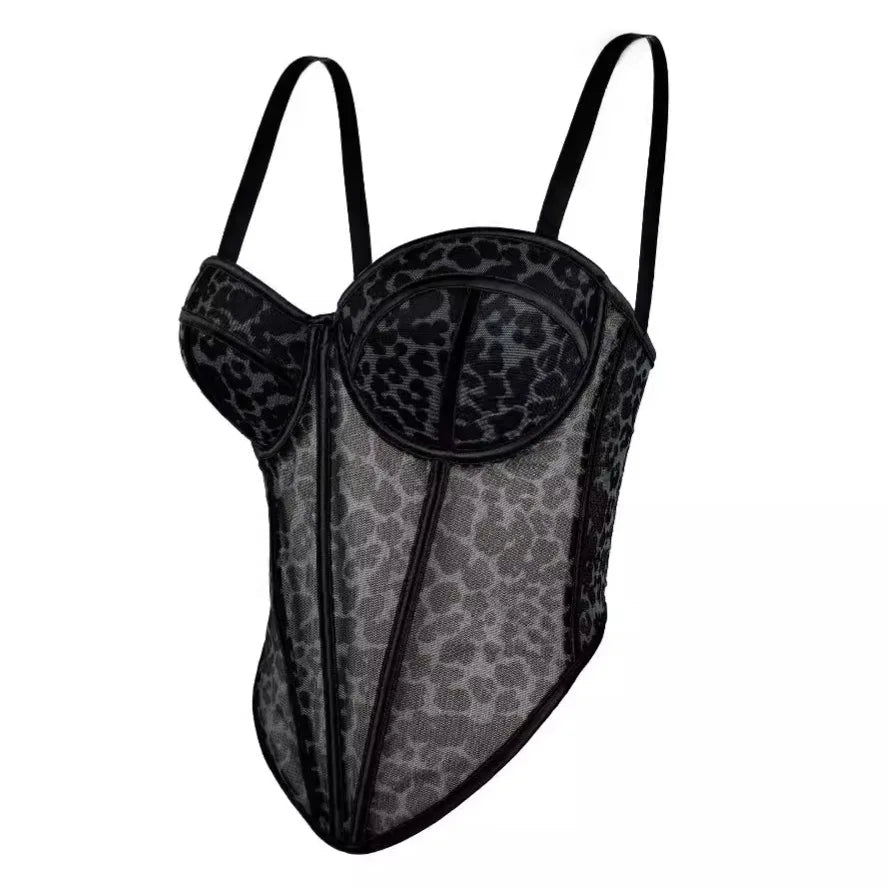 Wearable Push up Corset Bra & Bustier Top - Breathable Summer Leopard Print Mesh Lace with Garter Straps Full Cup - Zeprah