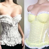 White Floral Lace Breathable Tank Tops Short Corset Top Bow Fashion Sexy Bodycon Bustier Waist Shaping - Zeprah