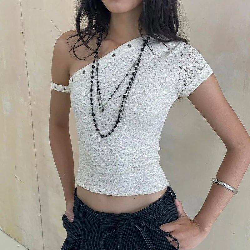 White Lace Hollow Floral Pattern Asymmetric Top Slash Neck Women's Slim Fit Short Sleeve Breathable Casual Shirt for Daily Wear - Zeprah