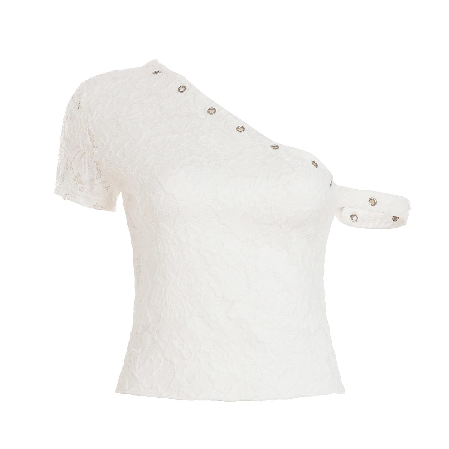 White Lace Hollow Floral Pattern Asymmetric Top Slash Neck Women's Slim Fit Short Sleeve Breathable Casual Shirt for Daily Wear - Zeprah