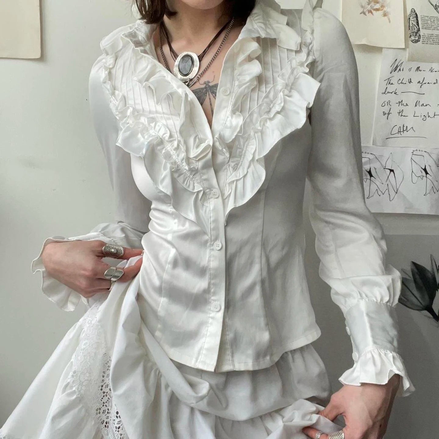 White Ruffle Blouse Shirt for Women, Stand Collar Long Sleeve Button - Down Cardigan for Office Work and Casual Wear - Zeprah