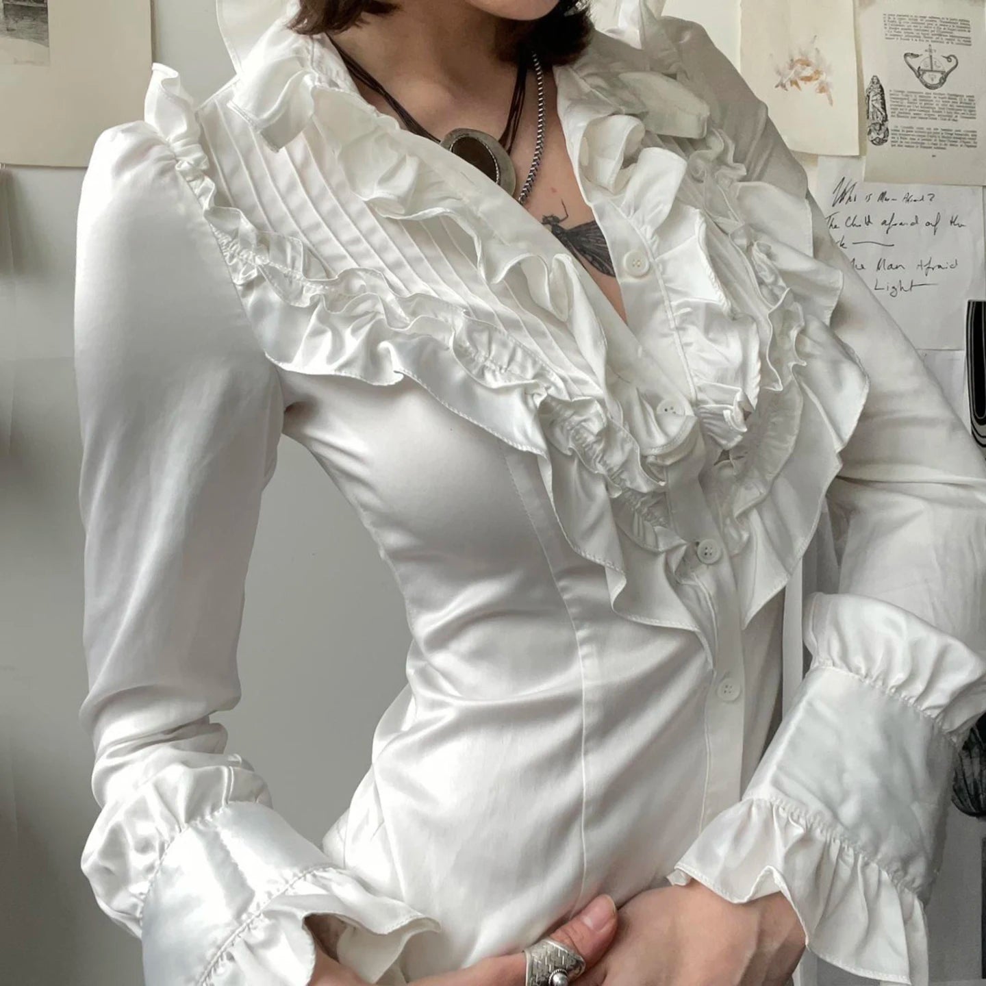 White Ruffle Blouse Shirt for Women, Stand Collar Long Sleeve Button - Down Cardigan for Office Work and Casual Wear - Zeprah