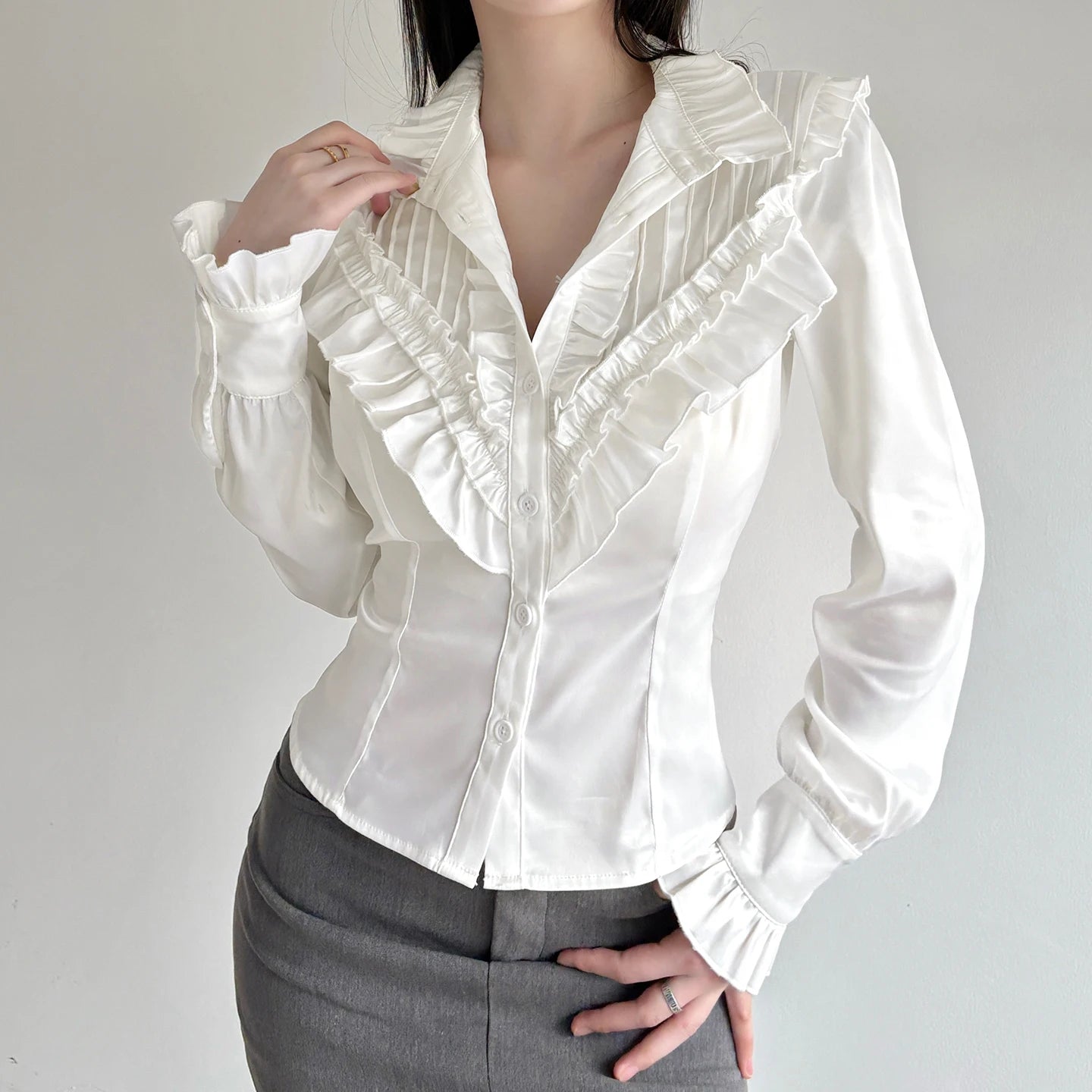 White Ruffle Blouse Shirt for Women, Stand Collar Long Sleeve Button - Down Cardigan for Office Work and Casual Wear - Zeprah