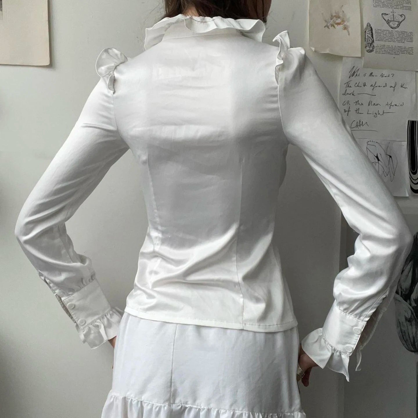 White Ruffle Blouse Shirt for Women, Stand Collar Long Sleeve Button - Down Cardigan for Office Work and Casual Wear - Zeprah