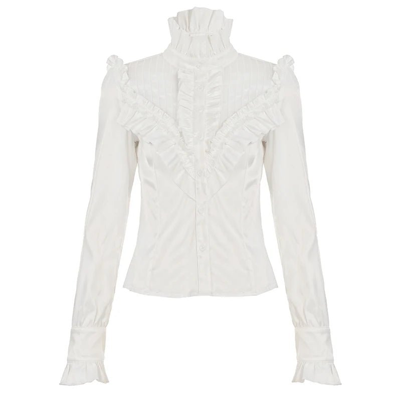 White Ruffle Blouse Shirt for Women, Stand Collar Long Sleeve Button - Down Cardigan for Office Work and Casual Wear - Zeprah