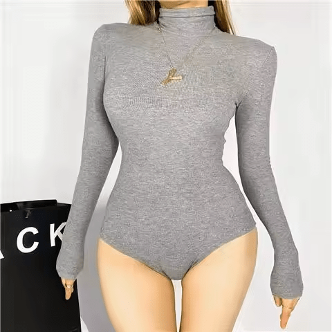 Wholesale European/American Style Slimming Tight Jumpsuit Base Top | Women's Sexy Vintage High Neck Long Sleeve Activewear Shirt | Breathable Spandex/Poly Skinny Fit - Zeprah