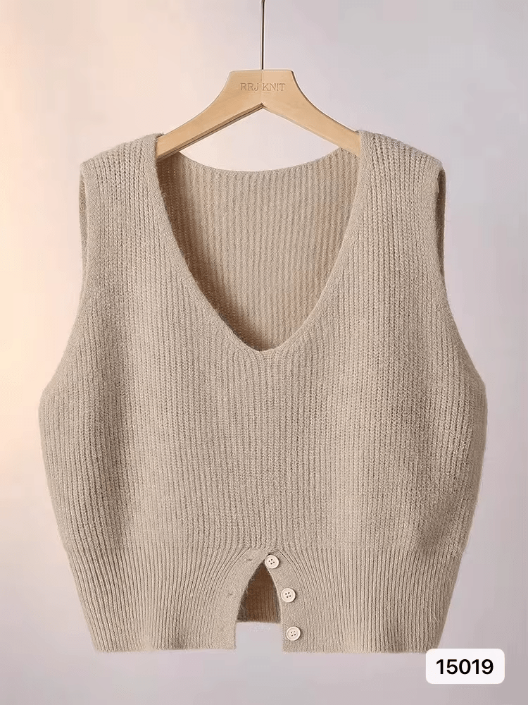 Wholesale Fashion Sleeveless Vest Cardigan | Modern V - Neck Knit Waistcoat | Casual Solid Spandex/Polyester Pullover | Breathable 3D Embroidery Button Detail - Zeprah