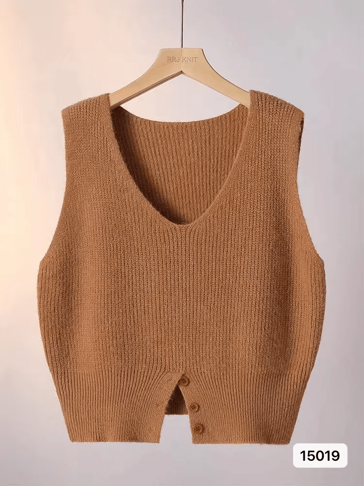 Wholesale Fashion Sleeveless Vest Cardigan | Modern V - Neck Knit Waistcoat | Casual Solid Spandex/Polyester Pullover | Breathable 3D Embroidery Button Detail - Zeprah