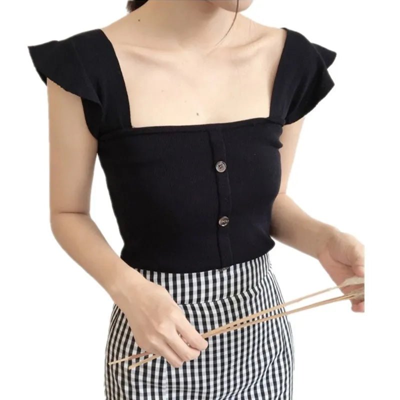 Wholesale Sexy Square Collar Women's Button Knit Vest Solid Color Sleeveless Slim Tops Knitwear Vest - Zeprah