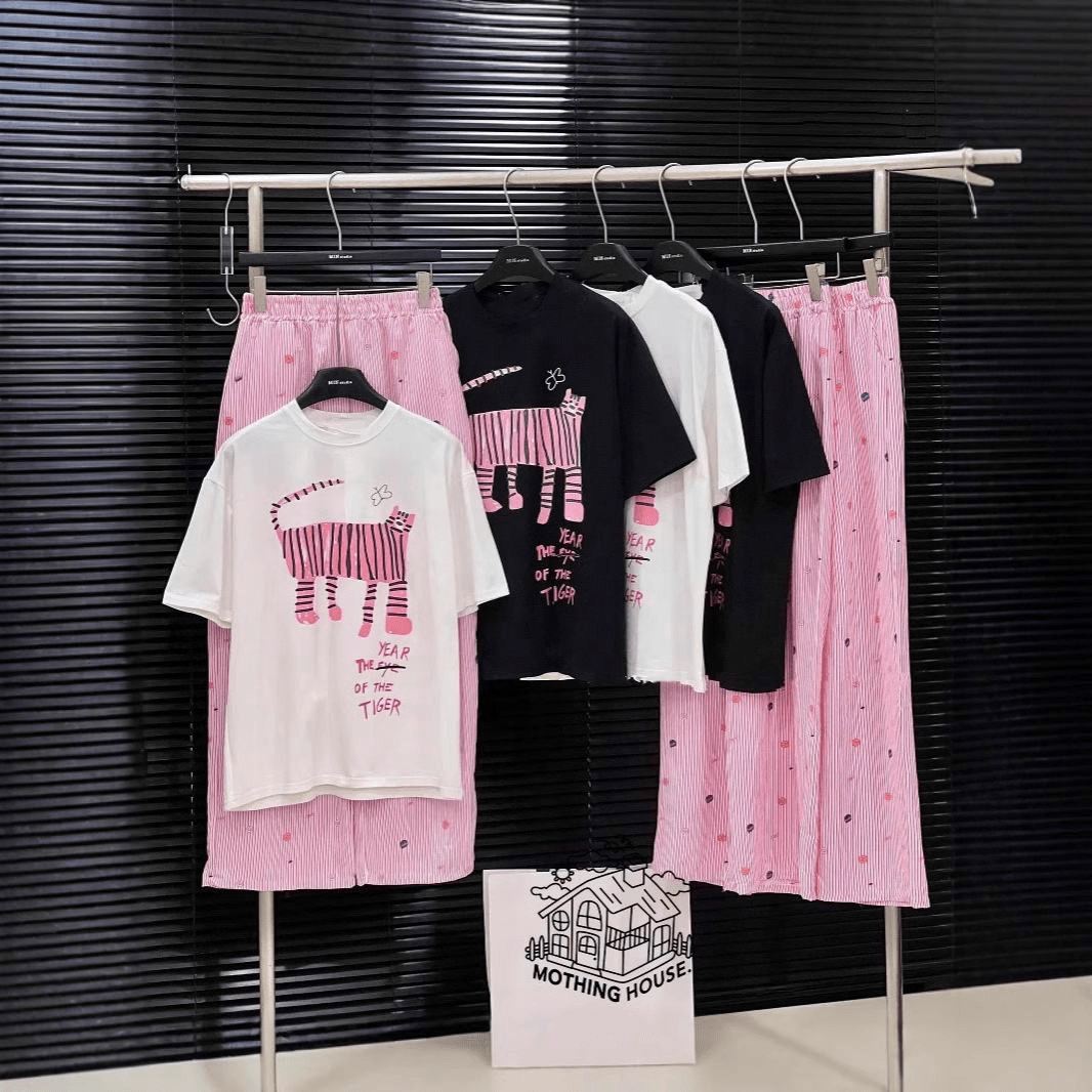 Wholesale Women's Korean Style 2 - Piece Shorts Set | Vintage Pink Wave Point Print | High Waist Slimming Wide Leg Pants | Casual O - Polyester Suit - Zeprah