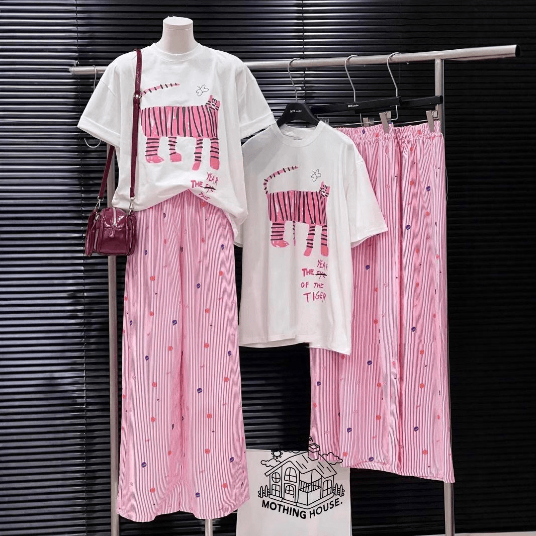 Wholesale Women's Korean Style 2 - Piece Shorts Set | Vintage Pink Wave Point Print | High Waist Slimming Wide Leg Pants | Casual O - Polyester Suit - Zeprah