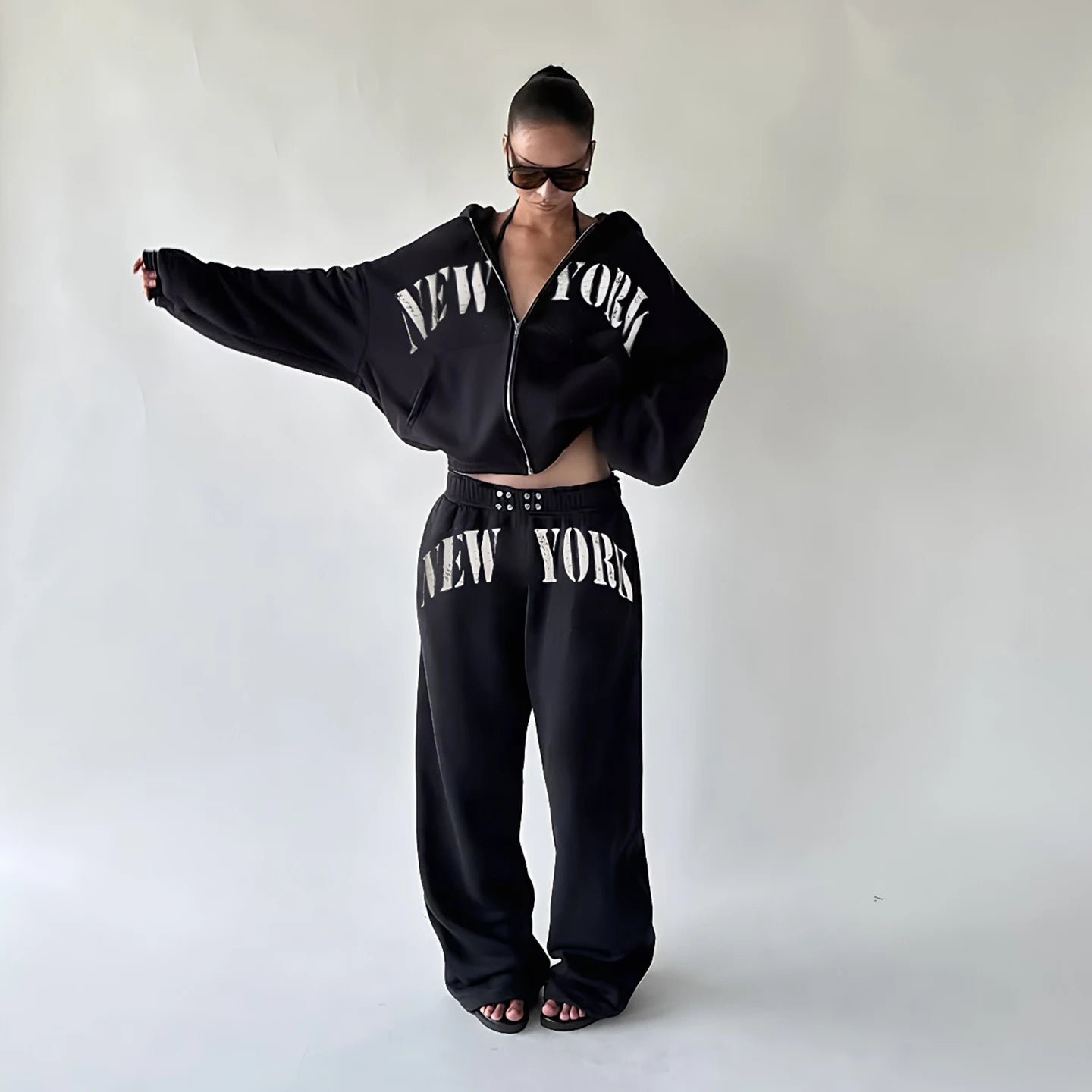 Winter Knitting Tracksuit Set Oversized Zip Hoodie Straight Leg Pants Women Casual Eco - Friendly Breathable - Zeprah