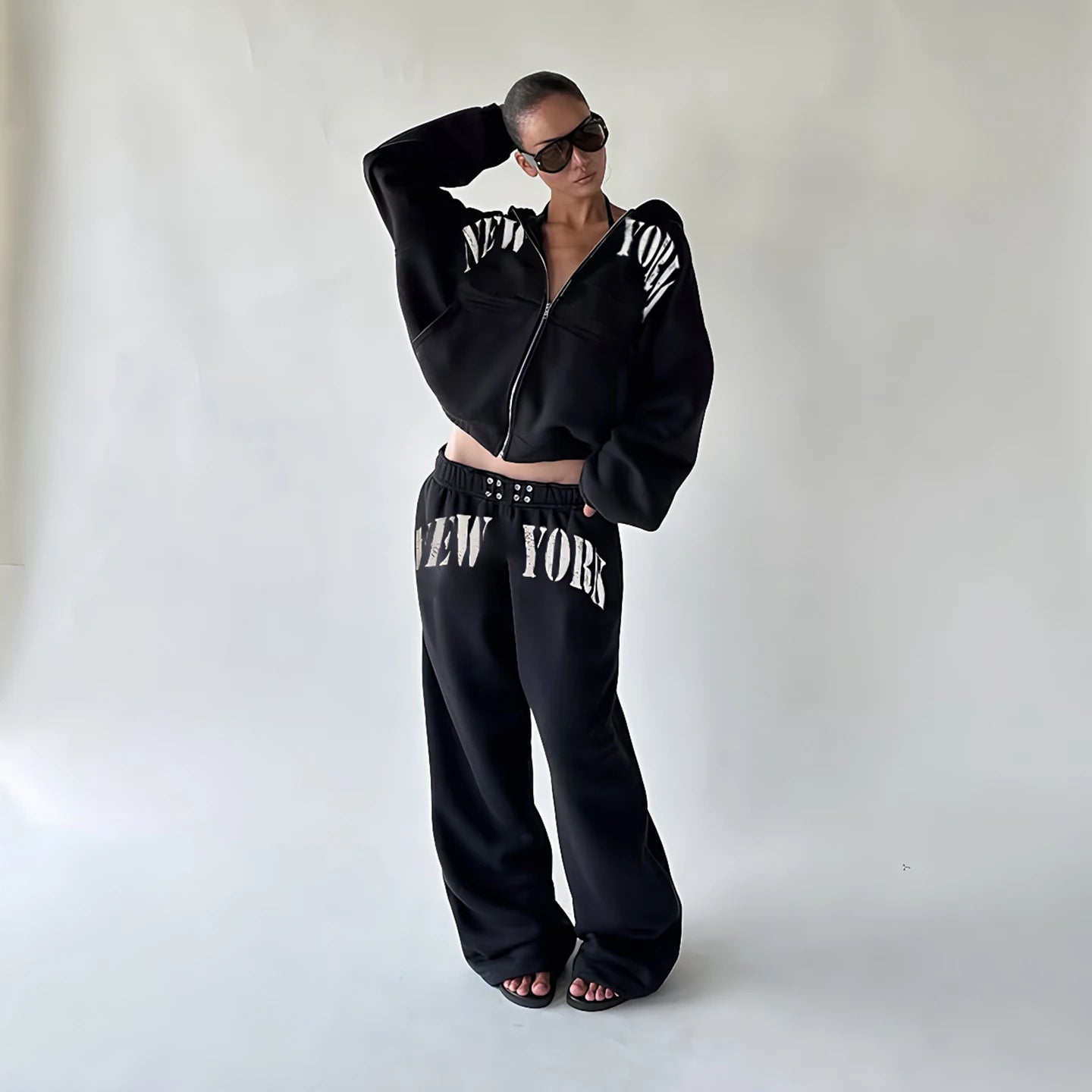 Winter Knitting Tracksuit Set Oversized Zip Hoodie Straight Leg Pants Women Casual Eco - Friendly Breathable - Zeprah