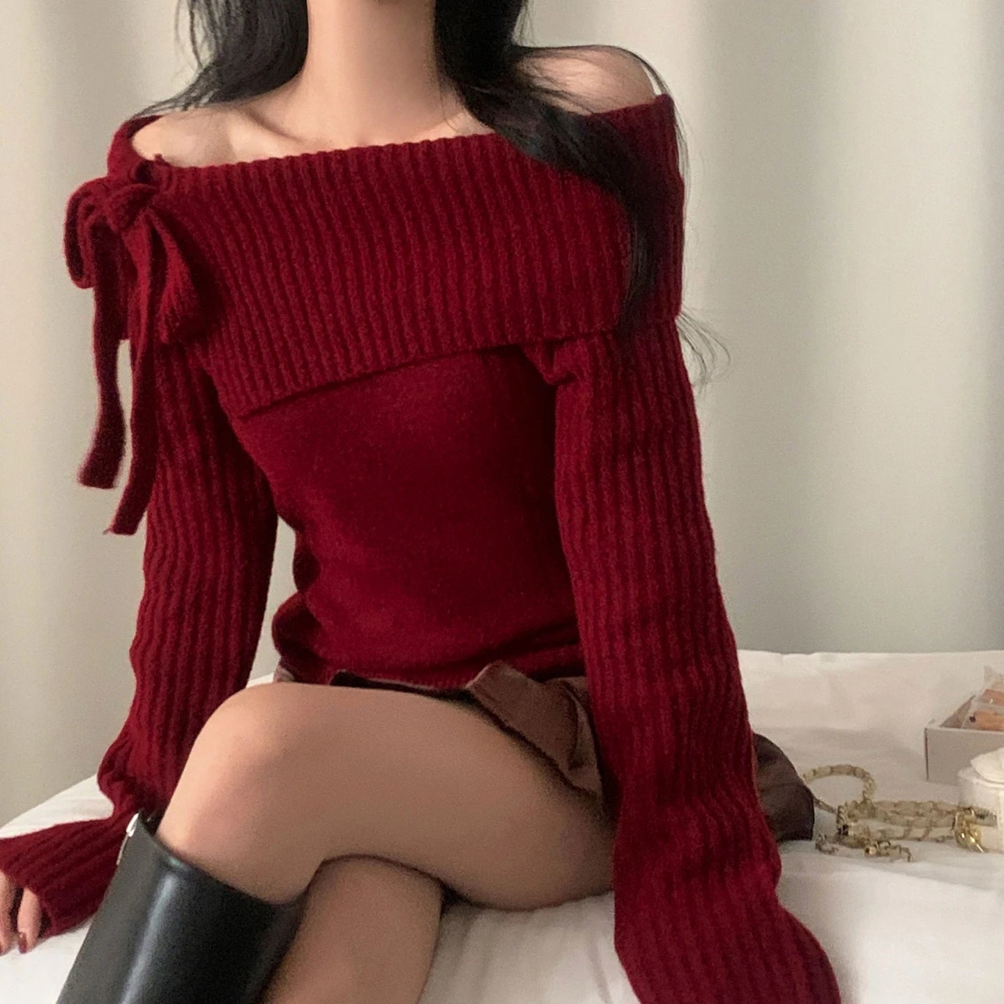 Winter New High Quality Sweet Breathable Red Christmas Short Sweater Soft Warm Solid Color Women - Zeprah