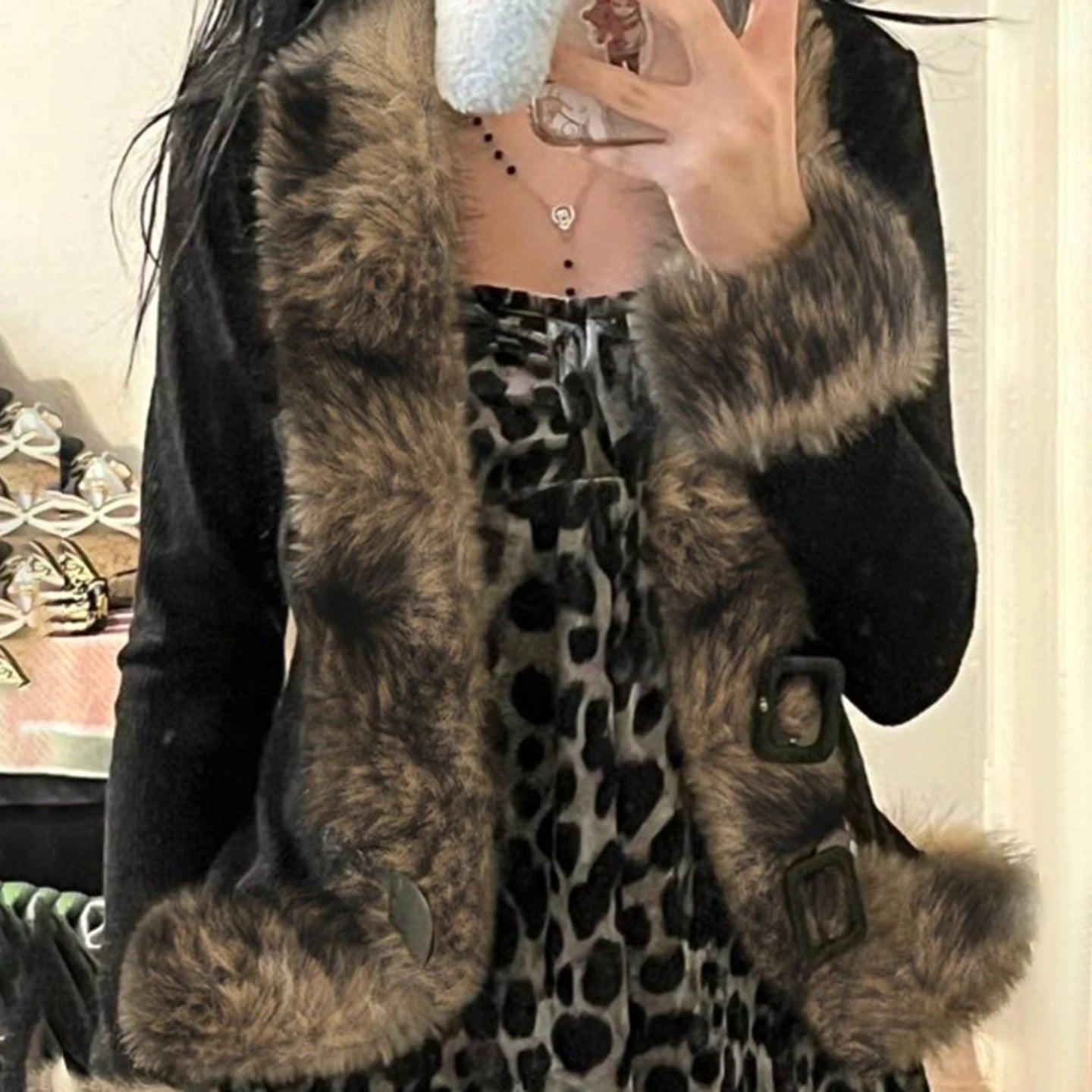 Winter Windproof Eco - Friendly Casual Knitted Plush Fur Trim Polyester Buckle Belt Slim Fit Waist Regular Sleeve - Zeprah