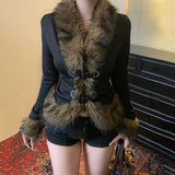 Winter Windproof Eco - Friendly Casual Knitted Plush Fur Trim Polyester Buckle Belt Slim Fit Waist Regular Sleeve - Zeprah