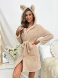 Winter Women's Casual Flannel Bathrobe Thickened Hooded Tie Sleepwear - Zeprah