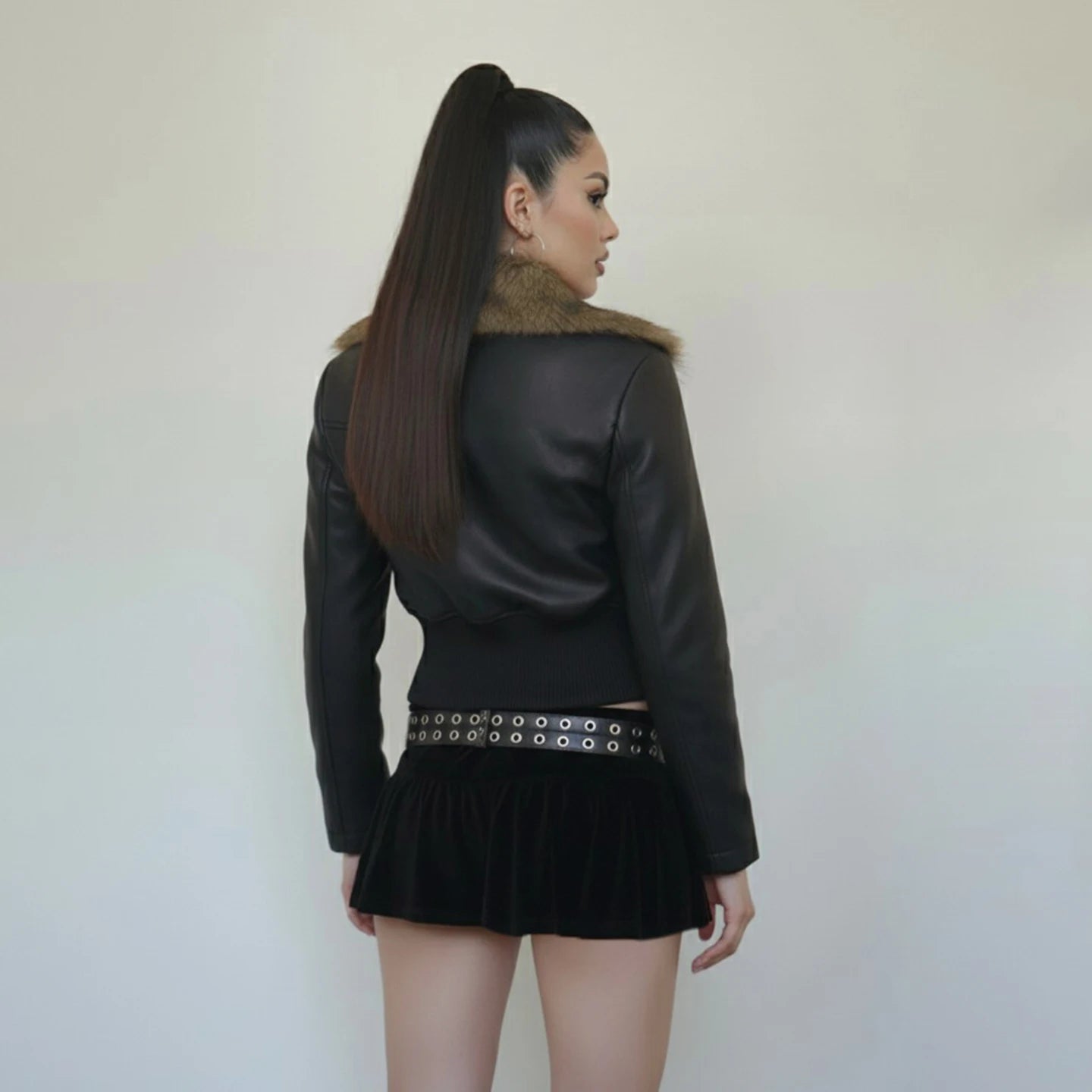 Winter Womens Short Biker Jacket Distressed Faux Leather Woven Windproof with Plush Lined Collar - Zeprah