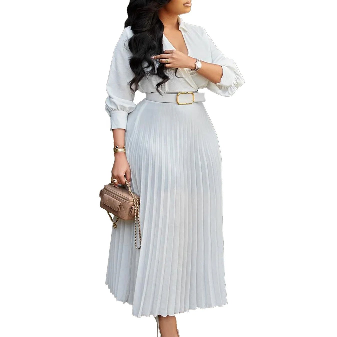 With Belt Women Elegant Pleated Maxi Dress Office Turn Down Collar Long Sleeve Belted Dress Lady Plus Size A - line Dresses - Zeprah