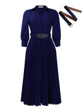 With Belt Women Elegant Pleated Maxi Dress Office Turn Down Collar Long Sleeve Belted Dress Lady Plus Size A - line Dresses - Zeprah