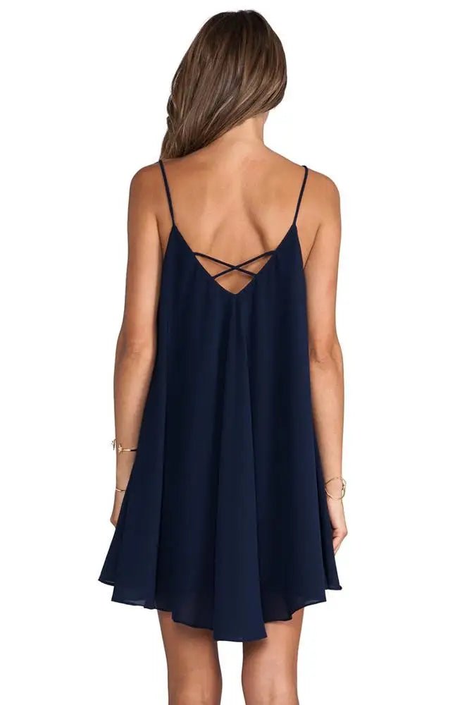 Woman Summer V - neck Loose Chiffon Skirt Sexy Mini Back Cross Dress - Zeprah
