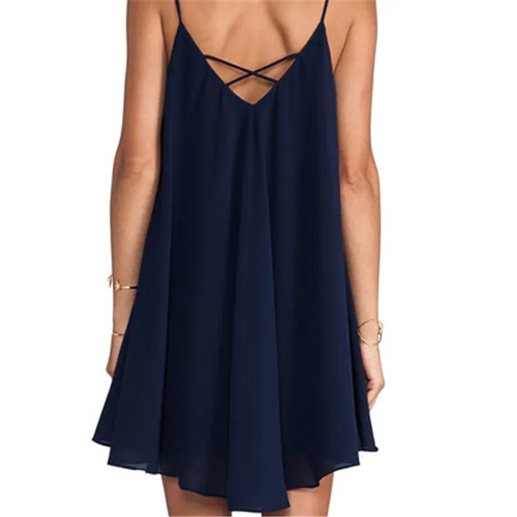 Woman Summer V - neck Loose Chiffon Skirt Sexy Mini Back Cross Dress - Zeprah